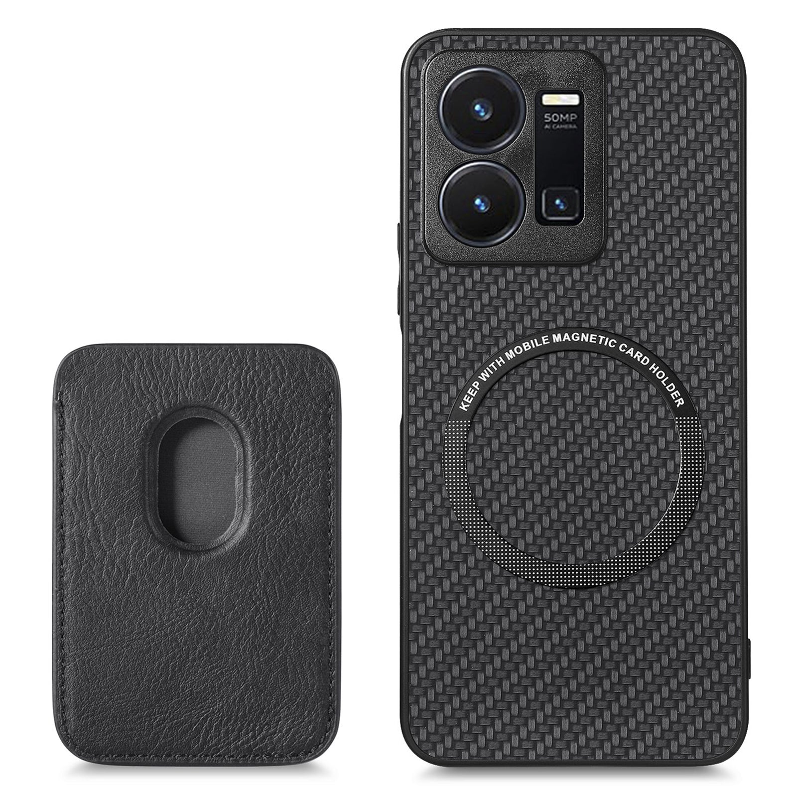 For vivo Y35 4G (2022) Protective Phone Case Detachable Magnetic Carbon Fiber Texture Scratch-resistant Cell Phone Cover Card Holder For vivo Y35 4G (2022) Protective Phone Case Detachable Magnetic Carbon Fiber Texture Scratch-resistant Cell Phone Cover Card Holder